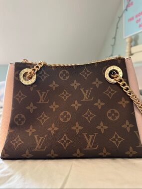 Louis Vuitton Brown Monogram with Pink Side Panels and Gold Chain Strap